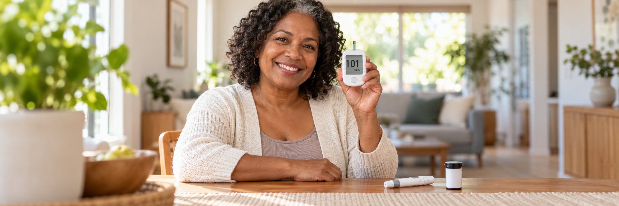 A woman checking her blood glucose at home with a meter