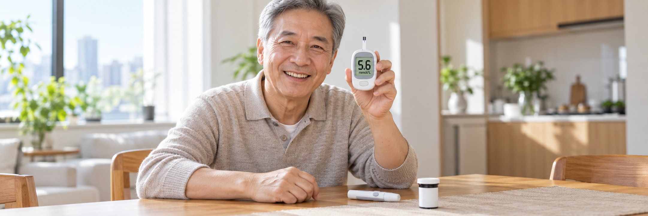 老人在家用血糖仪自测血糖