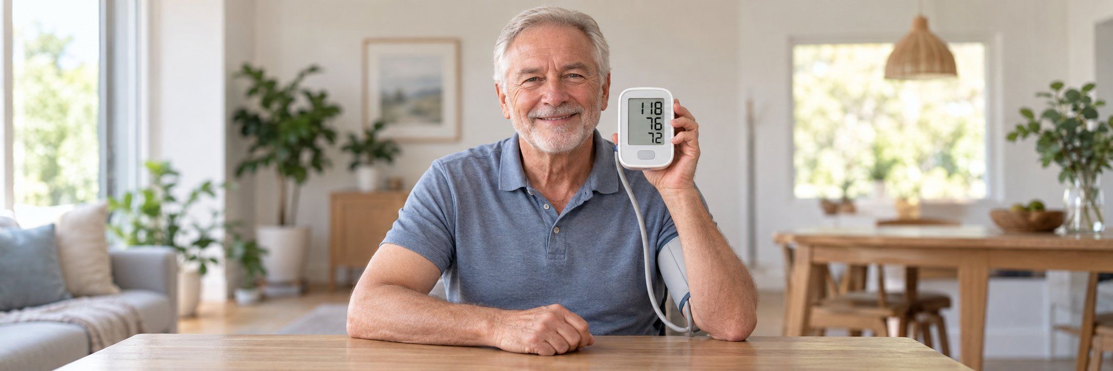 A man measuring his blood pressure at home with an upper-arm monitor