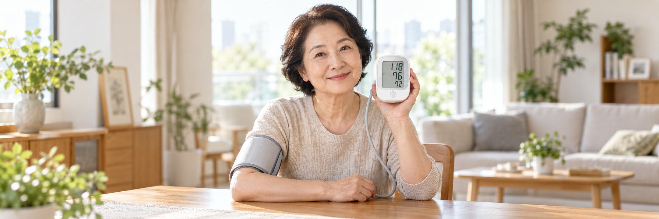 女士在家用上臂式血压计测量血压