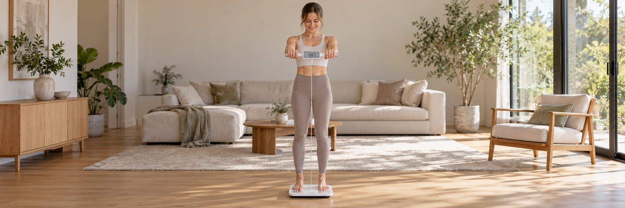 A woman measuring her body composition on an eight-electrode scale