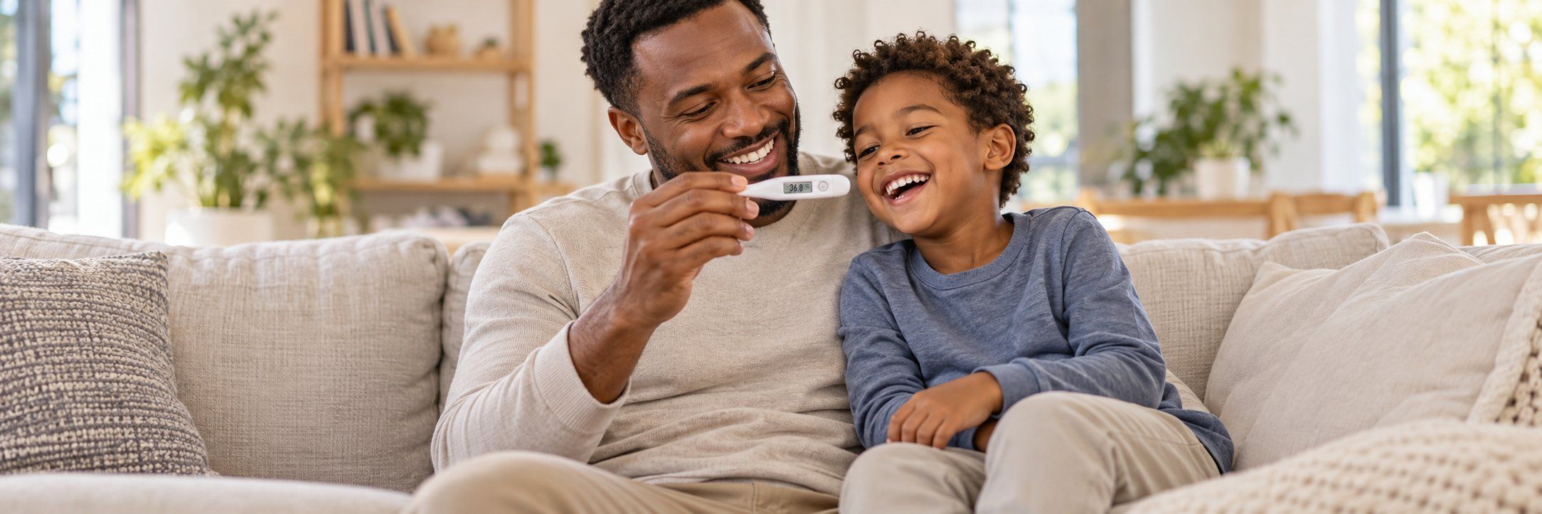 A father and son checking a digital thermometer reading together